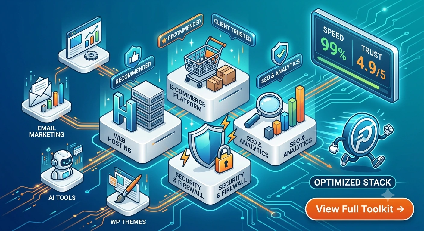 An isometric technology diagram showcasing core business tools on illuminated platforms, including web hosting, security firewalls, eCommerce infrastructure, and SEO analytics.