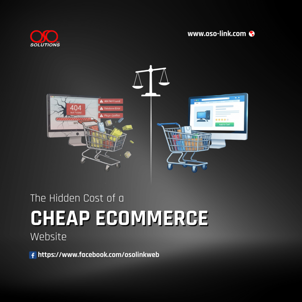 A digital illustration comparing a broken, low-cost e-commerce website showing error codes with a secure, high-performance online store featuring a smooth checkout process and growth metrics.
