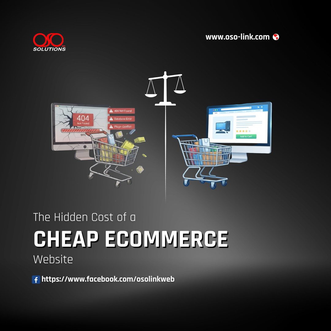 A digital illustration comparing a broken, low-cost e-commerce website showing error codes with a secure, high-performance online store featuring a smooth checkout process and growth metrics.