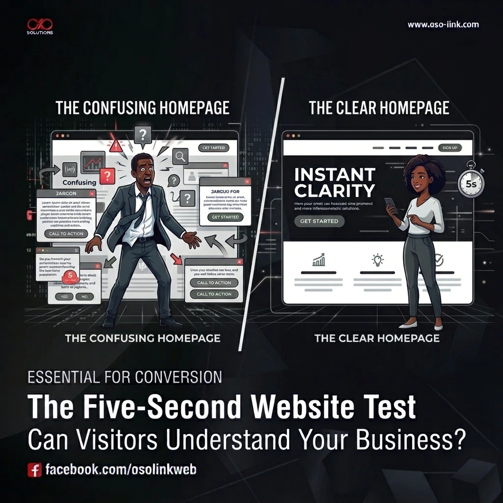 A side-by-side comparison showing a confusing, cluttered website homepage on the left versus a clean, clear, and high-converting homepage on the right.